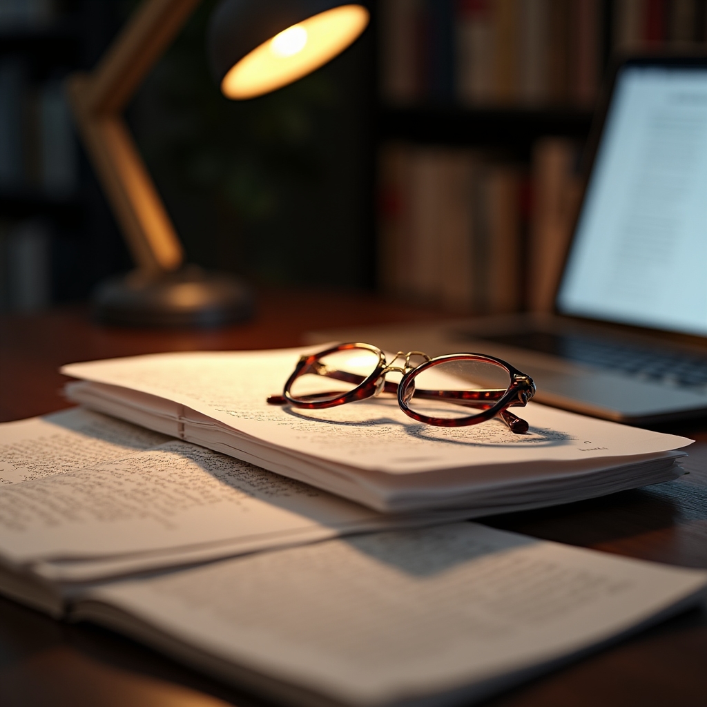 Editorial desk with printed drafts, a laptop and reading glasses under warm desk lighting