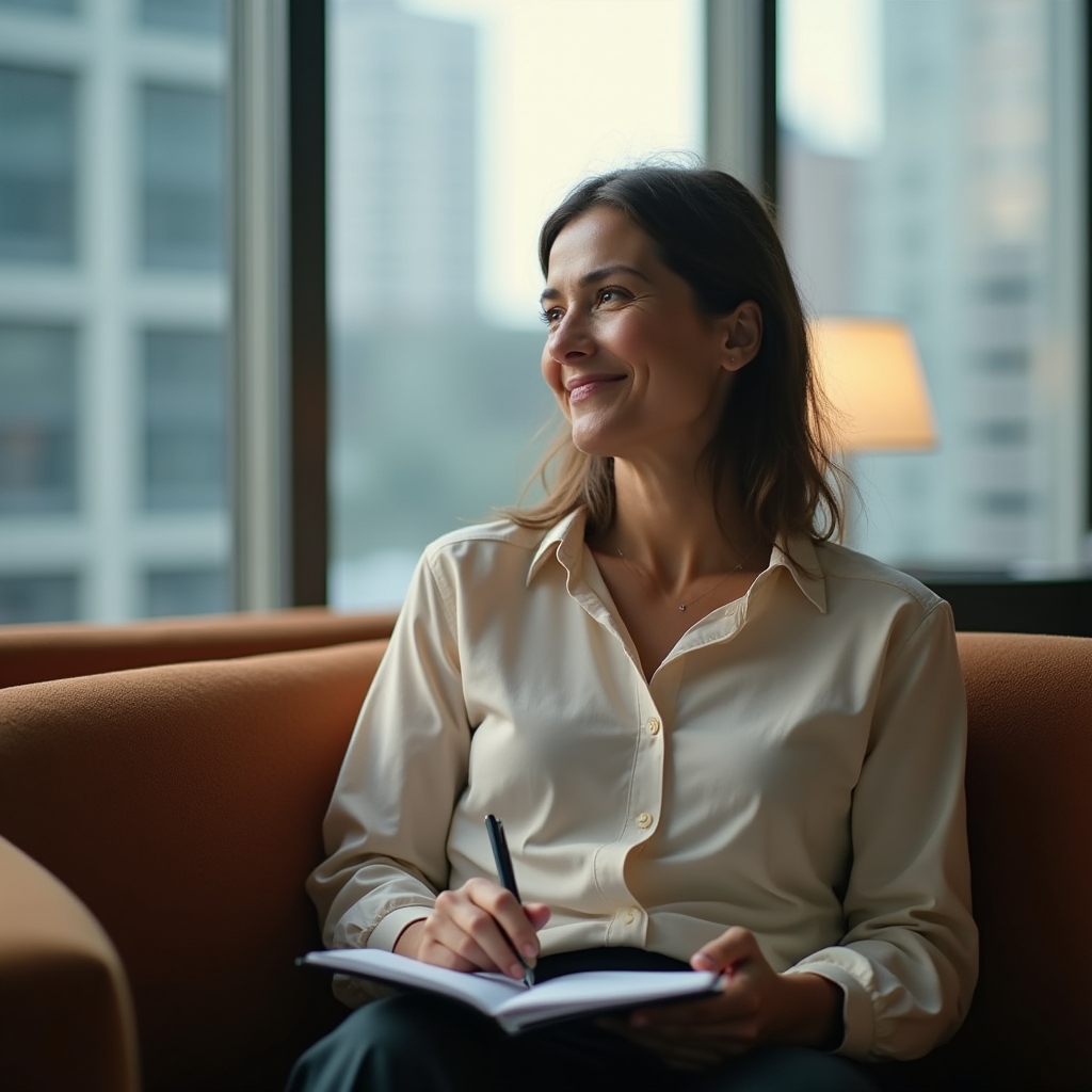 Editorial writer sitting thoughtfully with a notebook in a calm, softly lit office corner