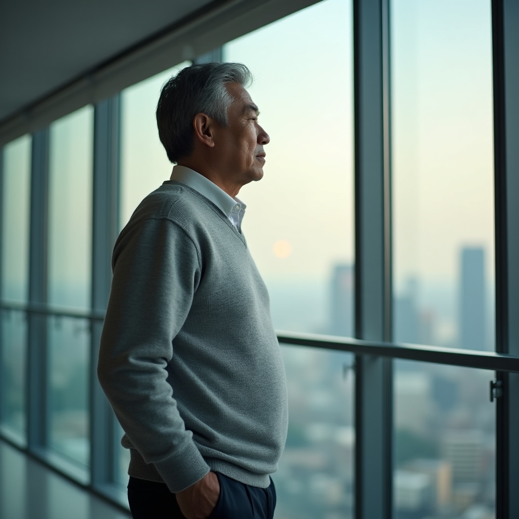 Professional standing thoughtfully by a large office window overlooking the city skyline