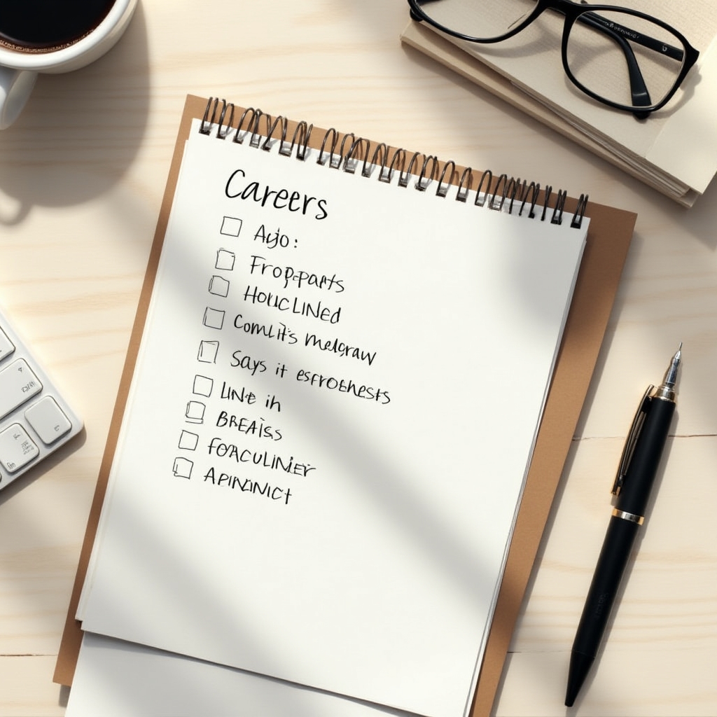 Flatlay of a handwritten career checklist notebook, pen and coffee cup on a wooden desk