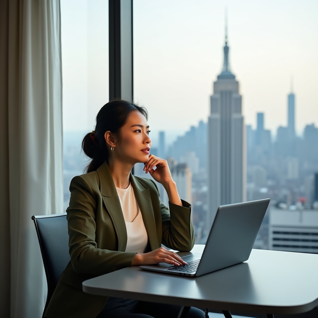 Mid-career Australian professional pausing to think at a desk with notes and a laptop