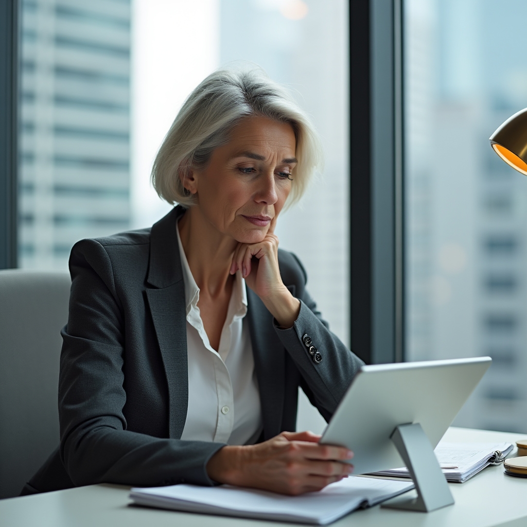 Woman reviewing her outdated LinkedIn profile on a tablet in a bright modern office