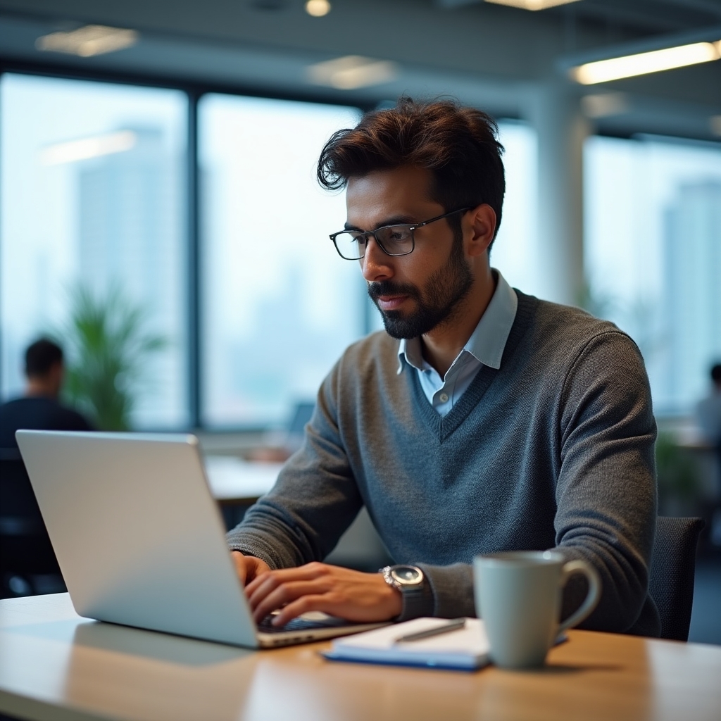 Man in his forties completing an online short course on a laptop at a shared office table