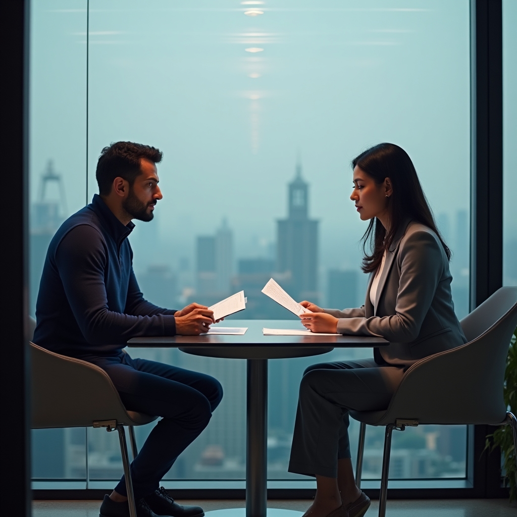 Two colleagues in a glass meeting room preparing notes ahead of a promotion discussion