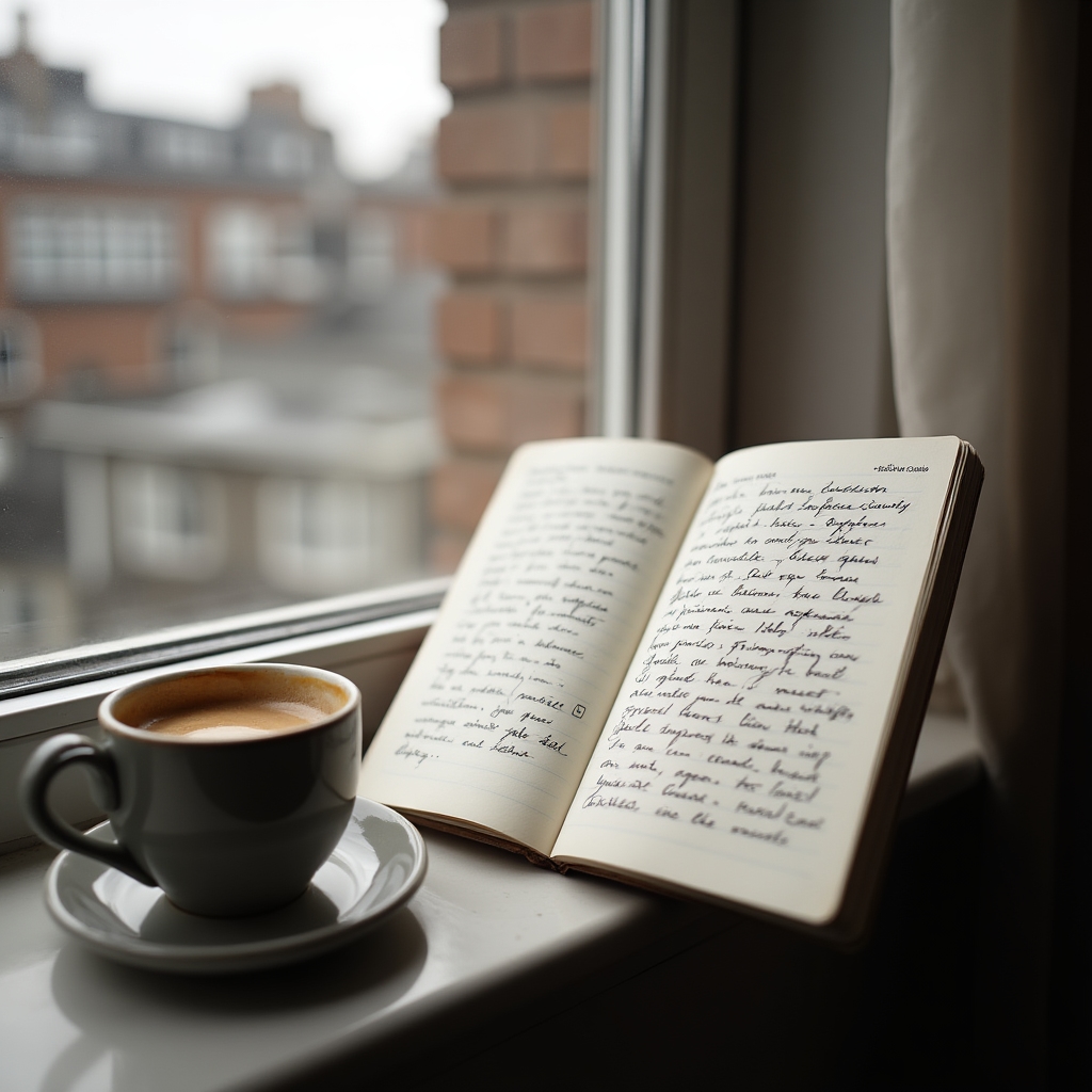 Open reflective journal with career notes beside a cup of coffee near a window