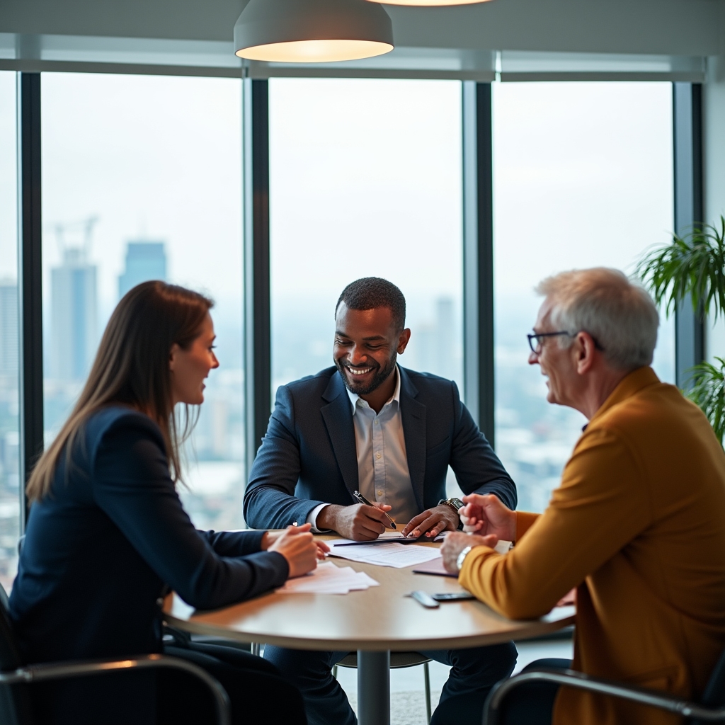 Small business owner discussing career development with two team members around a table