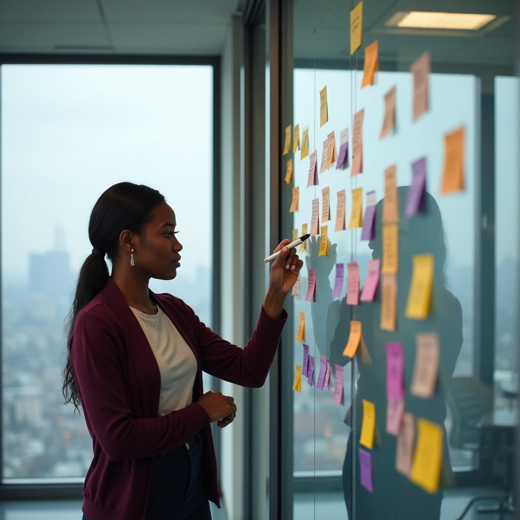 Professional woman mapping her past roles and skills on sticky notes across a glass wall