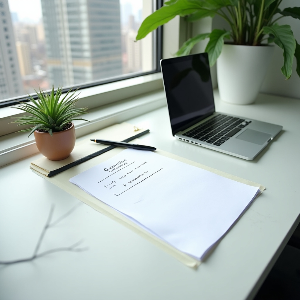 Organised workspace with a printed checklist, laptop and pen ready for a career planning session